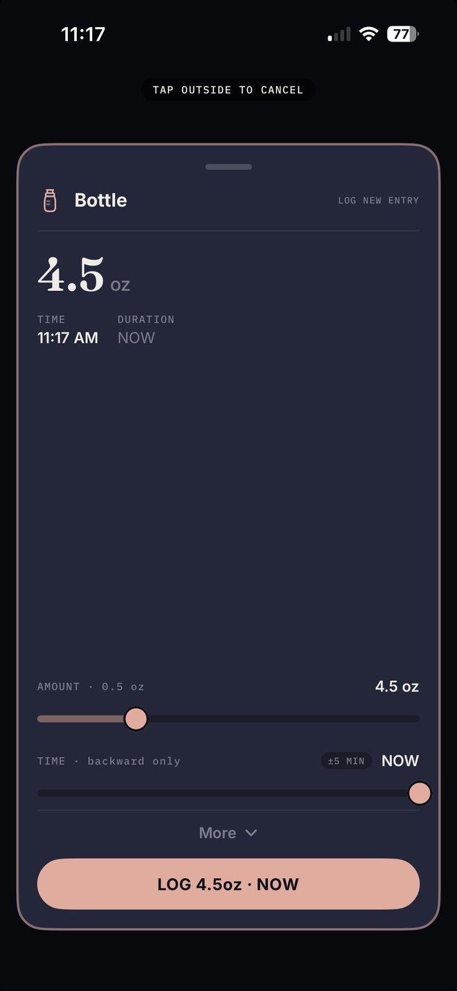 Bottle logging editor showing a remembered amount, time set to now, an amount slider and a backward-only time slider, with a large peach LOG button at the bottom.