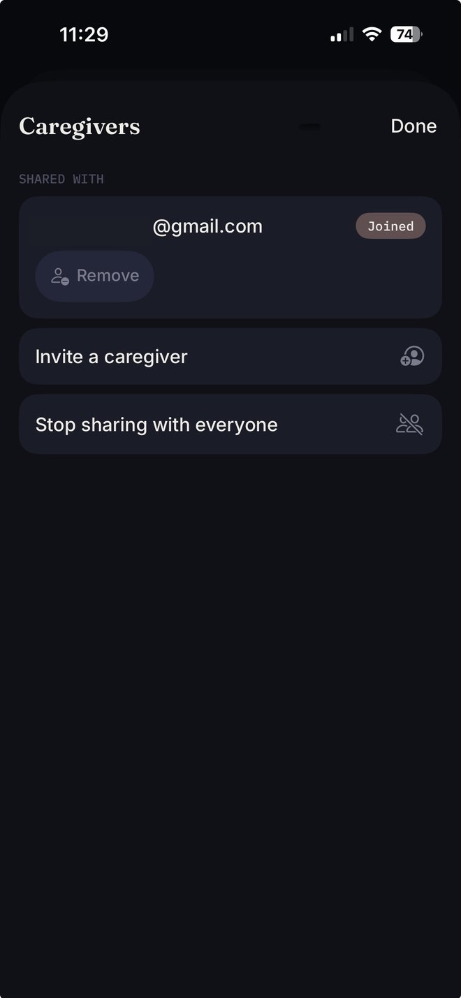 The Caregivers screen: a joined caregiver listed under Shared With, plus Invite a caregiver and Stop sharing with everyone actions.