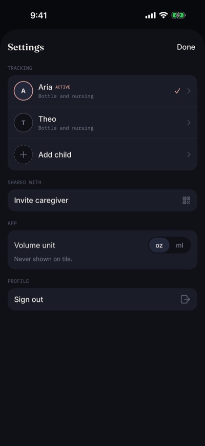 Settings screen with the TRACKING list of children — each row shows the child's name and feeding mode, with ACTIVE marked on the current child. Tap the active row to change feeding mode.