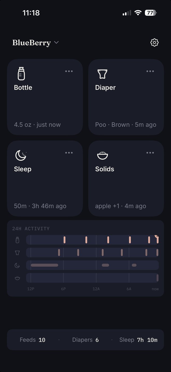 MyBlueBerry main screen on iPhone: Bottle, Diaper, Sleep, and Solids tiles with last-logged values, above a 24-hour activity view and a summary bar with the day's feed, diaper, and sleep totals. The child's name sits at the top as a switcher.