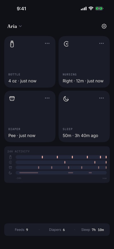 MyBlueBerry main screen: Bottle, Nursing, Diaper, and Sleep tiles above 24-hour activity lanes and a summary bar showing feeds, diapers, and sleep totals.