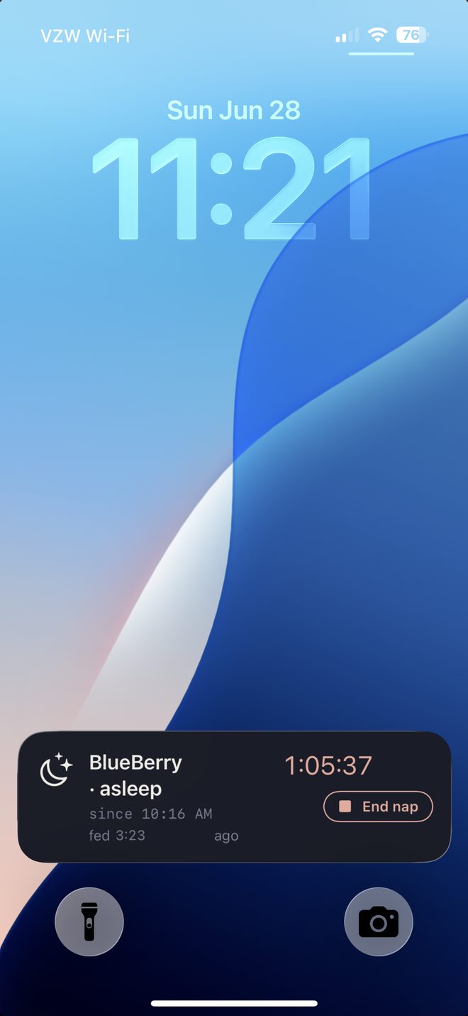 An iPhone Lock Screen with a MyBlueBerry Live Activity: BlueBerry asleep for 1 hour 5 minutes since 10:16 AM, with an End nap button and the last feed time.