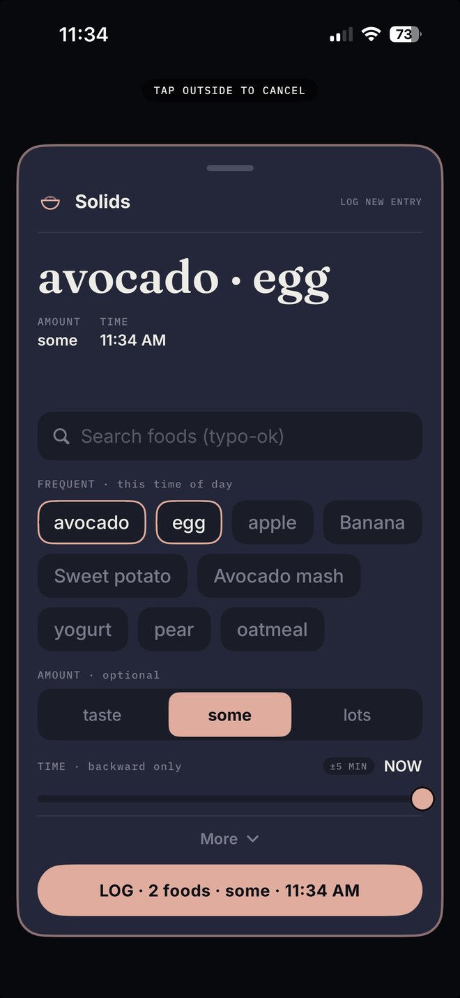Solids editor showing avocado and egg selected, a typo-tolerant food search box, frequent-food chips for this time of day, and taste/some/lots amount options above a LOG button.